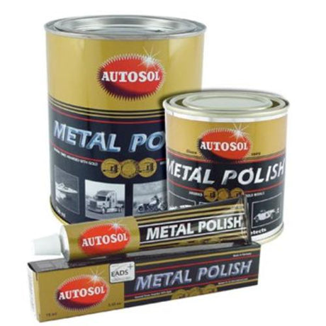 Autosol Metal Polish 100g for achieving a glossy finish on chrome, brass, copper, and stainless steel surfaces.