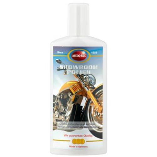 250ml bottle of Autosol Motor Bike Showroom Polish for cleaning and protecting motorcycle surfaces with eco-friendly formula.