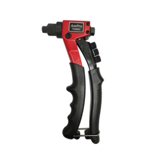 AmPro Hand Riveter Heavy Duty with heat-treated steel, four settings for rivets, and ergonomic handle for comfort in use.