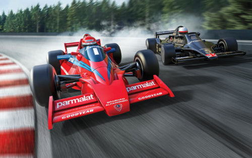 Scalextric 1978 Swedish GP Twin Pack featuring Brabham BT 46B 'Fan Car' and Lotus 79, iconic F1 racing cars.