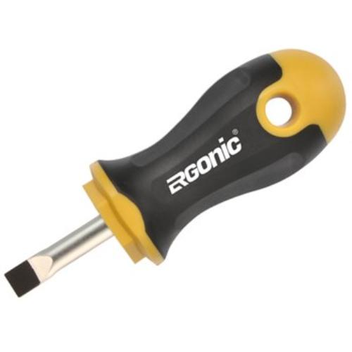 Felo 400 Ergonic Stubby Screwdriver with ergonomic handle, flat 5.5mm tip, designed for precision and comfort in tight spaces.