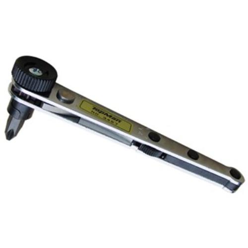 Topman 3457-000 Offset Ratchet Screwdriver with #2 Phillips and 6mm flat bit, ideal for tight spaces and precise fastening.