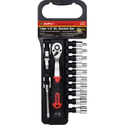 AmPro 13pc 1/4" Drive Socket Set with 6-point sockets from 4mm to 13mm, includes ratchet, extension bar, and universal joint.