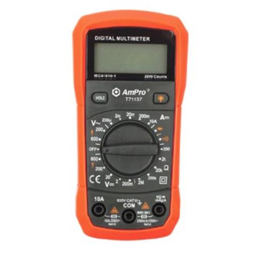AmPro Digital Multimeter with backlit display, measuring up to 600V and 10A, featuring a shock-proof rubber holster.