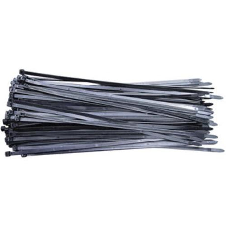 Pack of 100 black KSS cable ties, durable and versatile for efficient indoor and outdoor cable management.