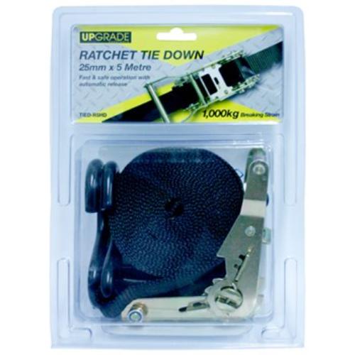 Heavy-duty ratchet tie-down strap, 1,000kg breaking strain, 25mm x 5m for secure cargo transport of bikes, trucks, and boats.