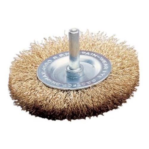 Jaz Wire Wheel 100mm, coated steel, ideal for rust removal, paint stripping, and polishing metallic surfaces with a 6mm shank.