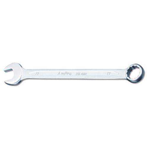 AmPro 23mm combination wrench with satin chrome finish, 12-point design, and 15-degree offset for easy torque application.