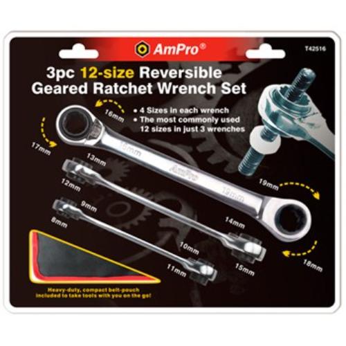AmPro Double Geared Wrench Set 12 Sizes 3pc: 8 x 9 - 10 x 11, 12 x 13 - 14 x 15,