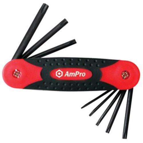AmPro Star Folding Hex Key Set, 8 durable chrome vanadium steel keys T8-T40 with cushioned grip for precision and portability.