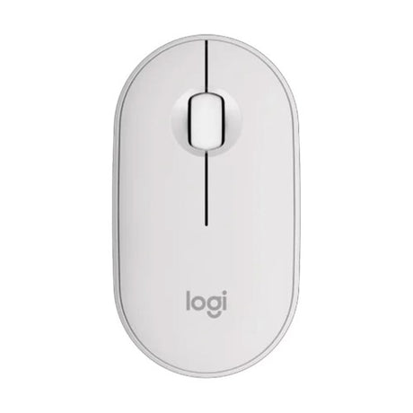 Logitech Pebble Mouse 2 M350s in Tonal White, wireless with silent clicks, eco-friendly, and customizable features.