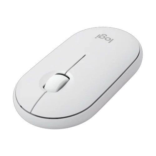 Logitech Pebble Mouse 2 M350s in Tonal White: lightweight, wireless, quiet clicks with eco-friendly design and 4000 DPI precision.