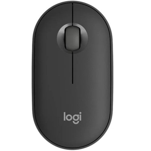 Logitech Pebble 2 M350s wireless mouse in Tonal Graphite, eco-friendly design, silent clicks, and portable for multi-device use.