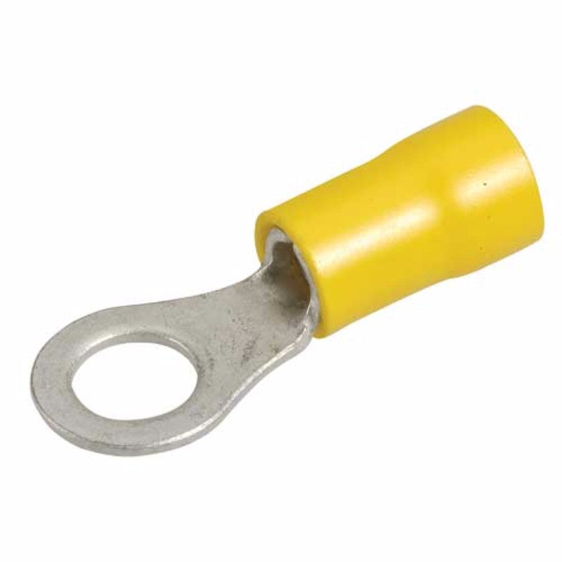 Narva yellow ring terminals 6.3mm, pack of 12, for secure automotive and general wiring connections.