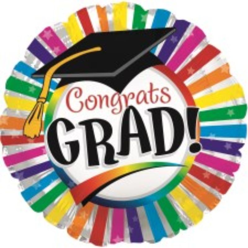Vibrant 9-inch air-filled balloon with cheerful rainbow stripes, perfect for graduations and festive celebrations.