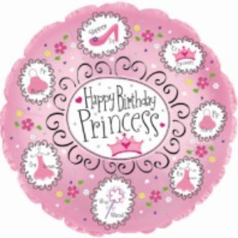 Vibrant 9-inch air-filled birthday balloon featuring a charming princess design, perfect for celebrating your little princess's party.