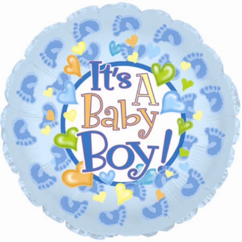 Air filled 9-inch balloon featuring playful footsie patterns, perfect for baby boy celebrations and easy to hang.