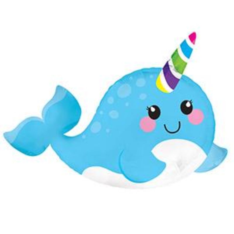 Colorful 10-inch air-filled narwhal balloon, perfect for ocean-themed parties and celebrations with included cup and stick.