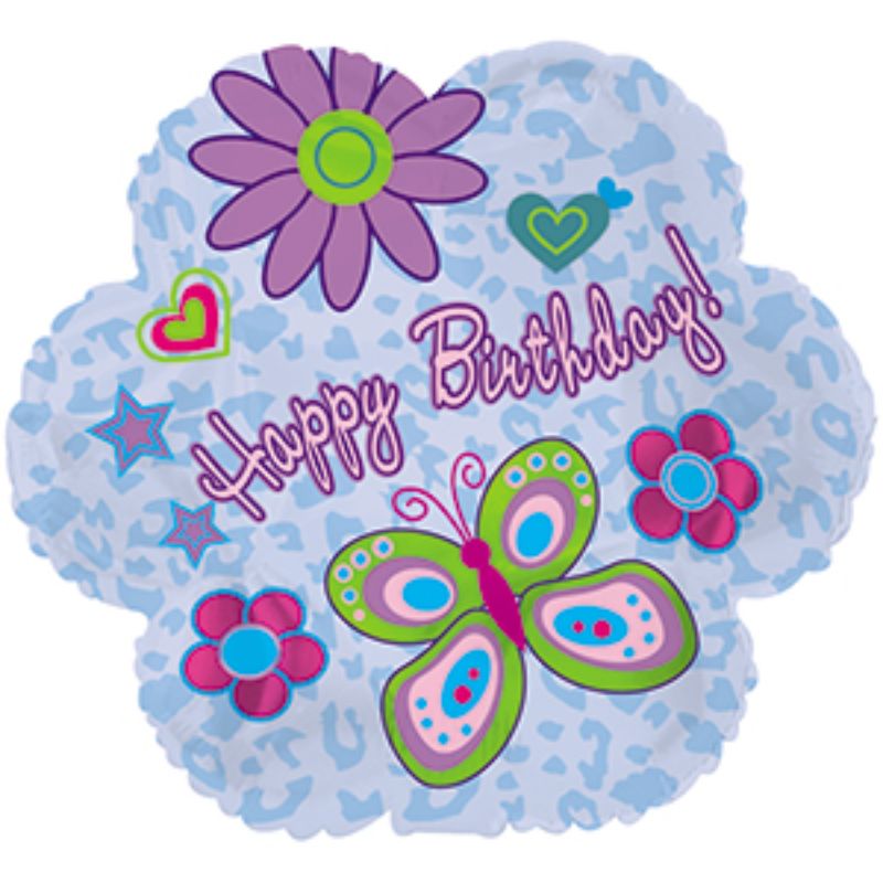 9-inch air-filled Birthday Glitz balloon, perfect for festive decor with a dazzling design, includes cup and stick for easy display.