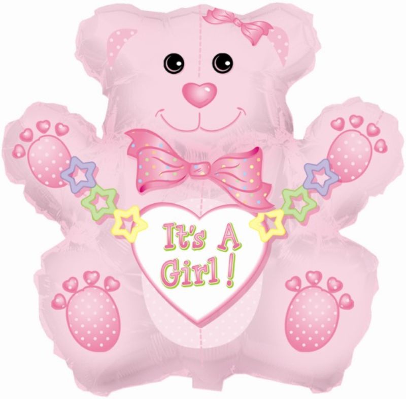 Air-filled 14-inch balloon featuring an adorable bear design, perfect for celebrating a baby girl's arrival.