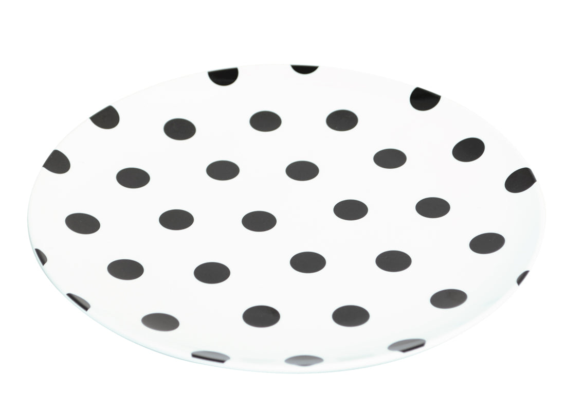 Set of 12 stylish 25cm black dot plates in melamine, perfect for modern dining and outdoor use.