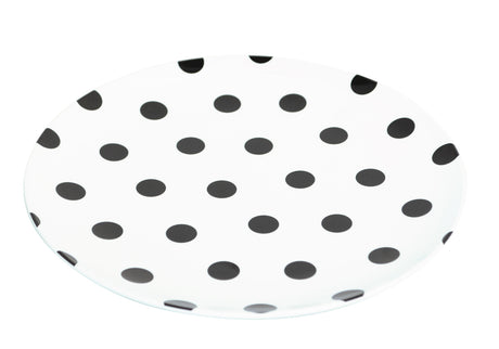 Set of 12 stylish 25cm black dot plates in melamine, perfect for modern dining and outdoor use.