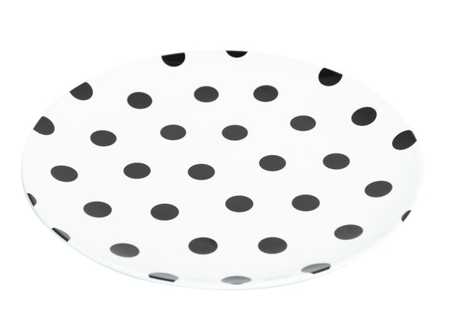 Set of 12 stylish 25cm black dot plates in melamine, perfect for modern dining and outdoor use.