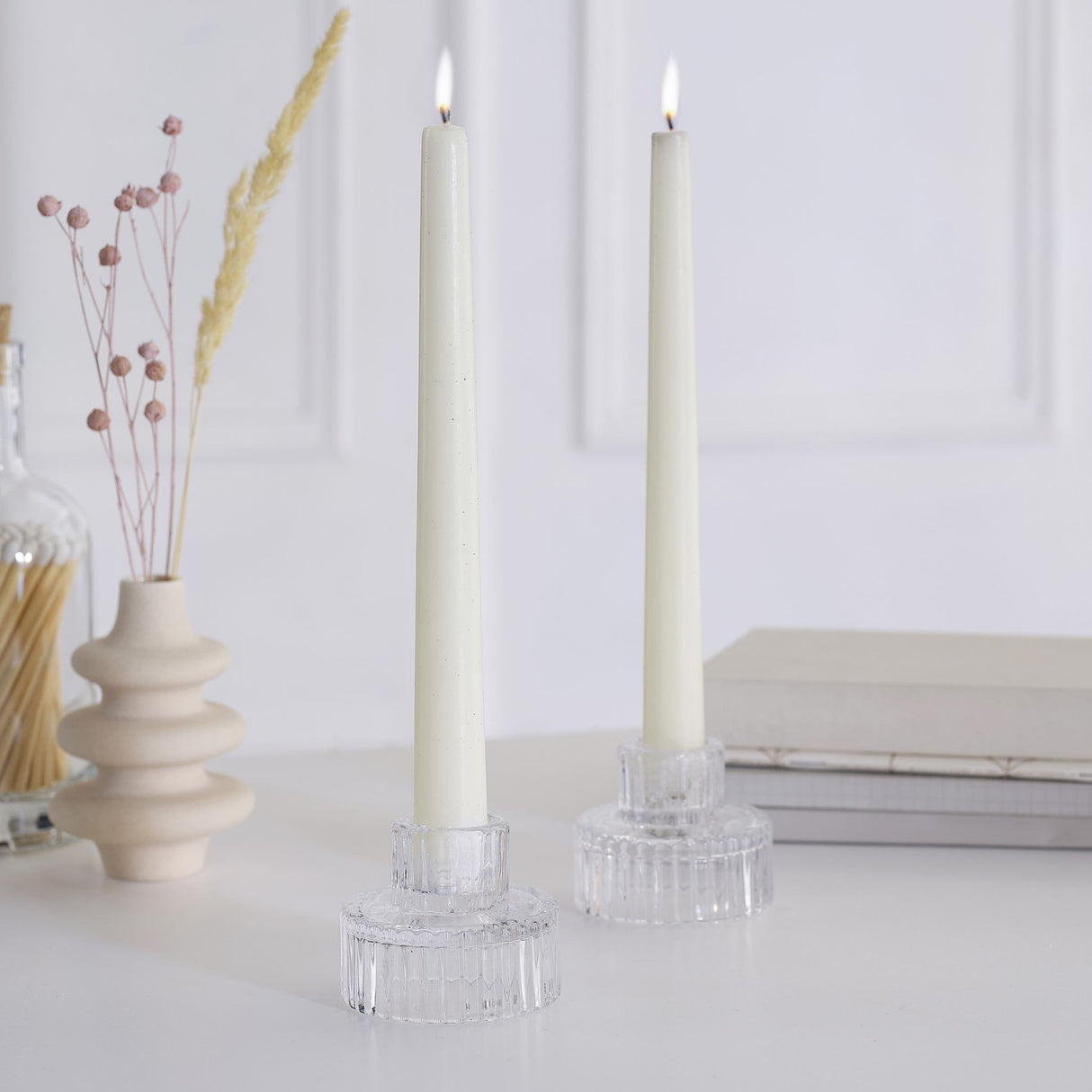 Elegant ribbed glass candle holders, ideal for festive decor, measuring 6.5cm tall and eco-friendly packaging.