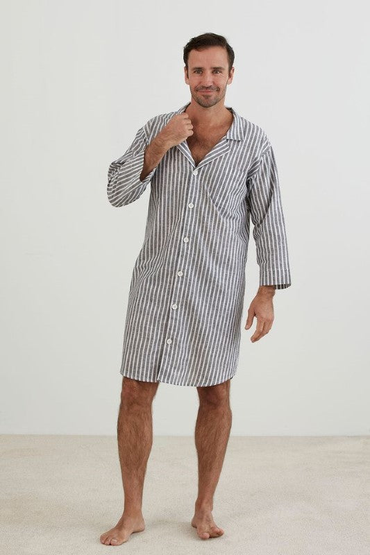 Grey and white striped long-sleeve nightshirt by BAKSANA, featuring a collar, breast pocket, and eco-friendly materials.