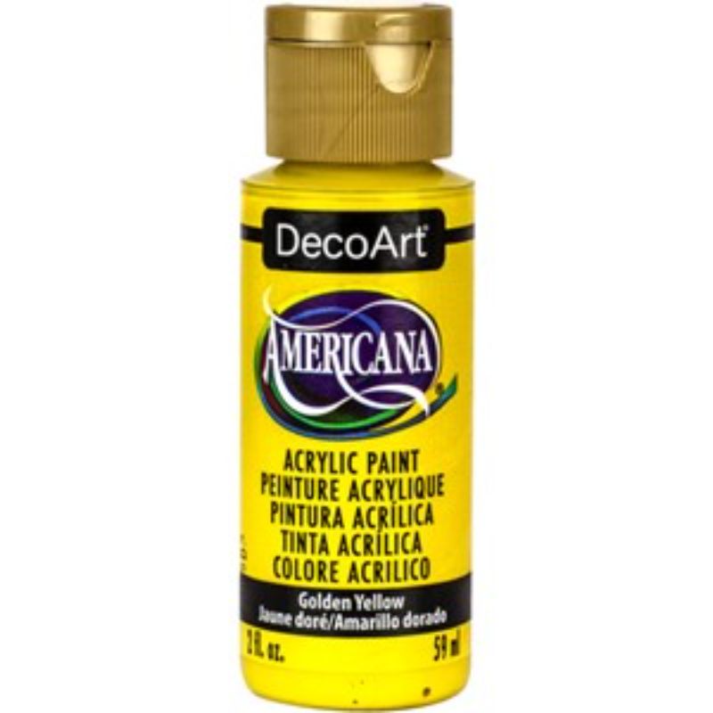 Americana Acrylics 2oz Golden Yellow paint, ideal for versatile artistic projects with a vibrant hue and durable matte finish.