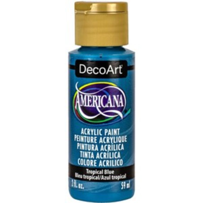 Vibrant Americana Acrylics 2oz Tropical Blue paint for versatile art projects, offering superior coverage and a matte finish.