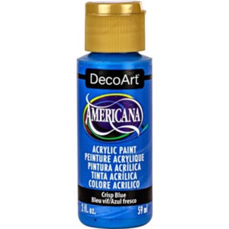 Americana Acrylics 2oz Crisp Blue paint in a vibrant blue color, ideal for various surfaces, crafts, and artistic projects.