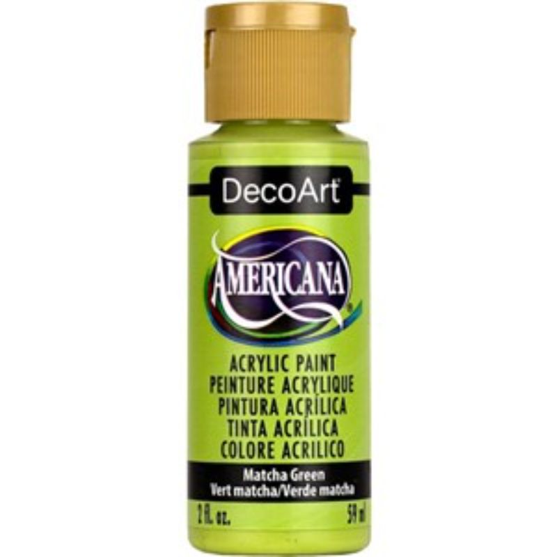 Americana Acrylics 2oz Matcha Green paint in a durable matte finish, perfect for various art projects and easy to blend.