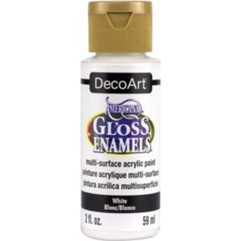 Americana Gloss Enamel 2oz in Snow White, perfect for creating glossy finishes on various surfaces like wood and canvas.