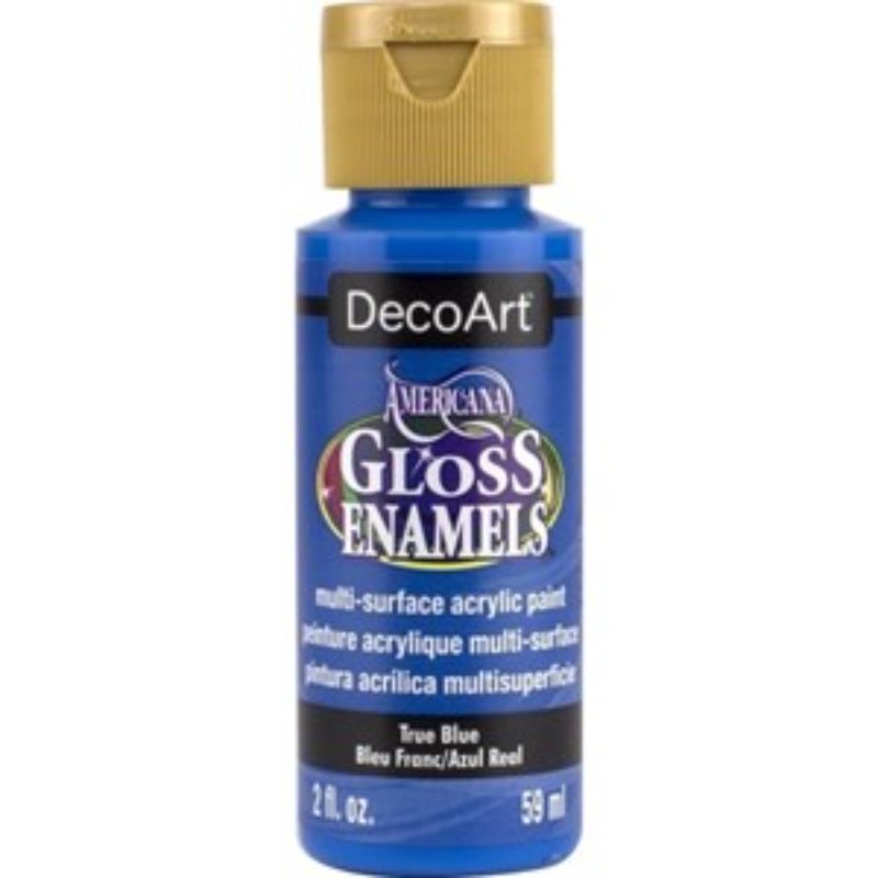Americana Gloss Enamel 2oz True Blue, vibrant, multi-surface acrylic paint for crafts with brilliant coverage and durable finish.