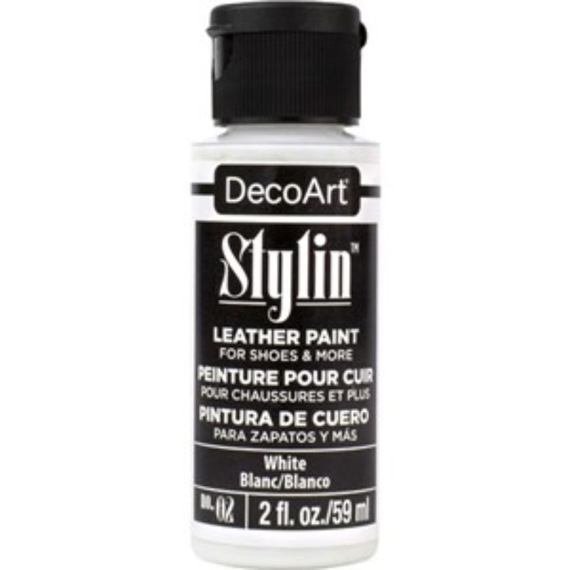 DecoArt Stylin 2oz White fabric paint for versatile projects on leather and canvas, durable, flexible, and intermixable.