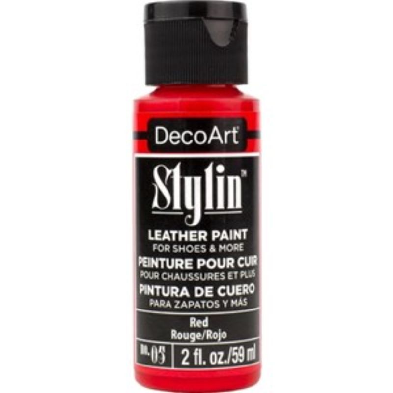 DecoArt Stylin 2oz Red fabric paint for vibrant, durable color on leather, canvas, and synthetic surfaces.