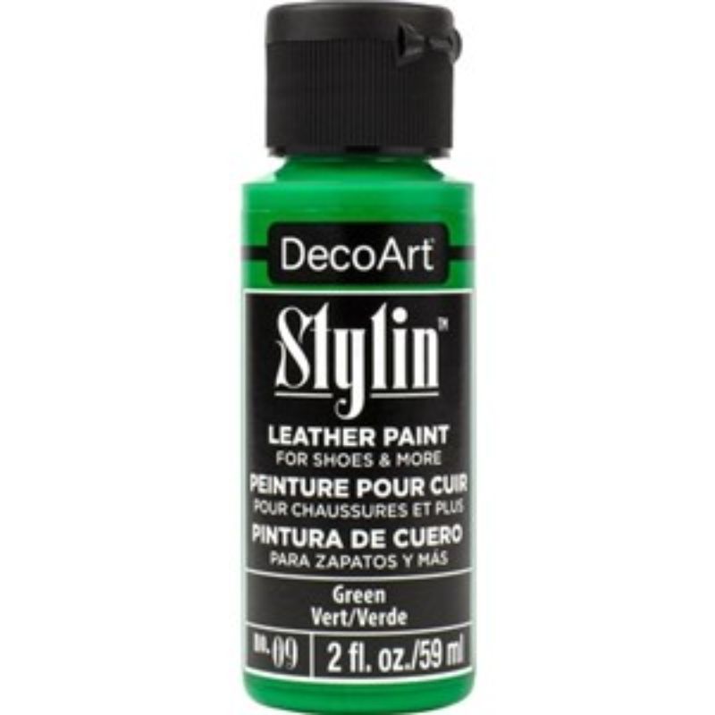 DecoArt Stylin 2oz Green acrylic paint for fabric, ideal for custom designs on leather and canvas surfaces.