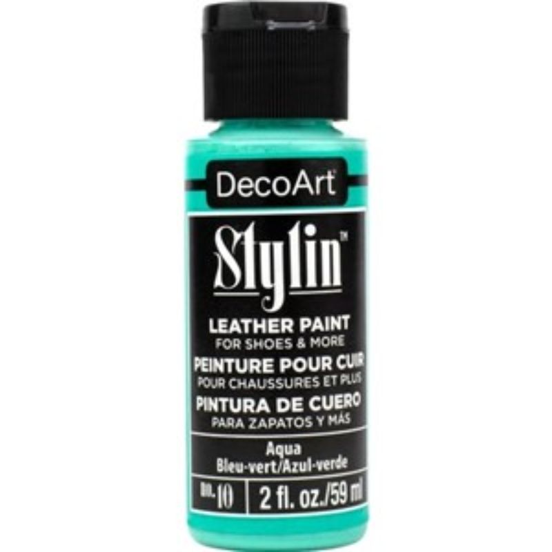 DecoArt Stylin 2oz Aqua acrylic paint for versatile, durable crafting on leather, fabric, and canvas surfaces.