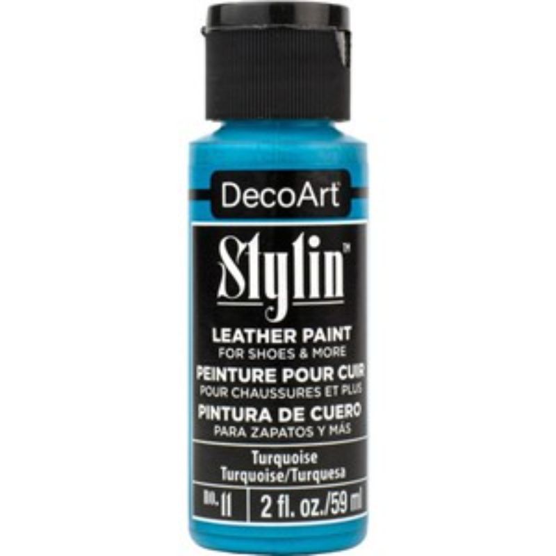 DecoArt Stylin 2oz Turquoise acrylic paint for rejuvenating fabrics with a vibrant, durable, and flexible finish.