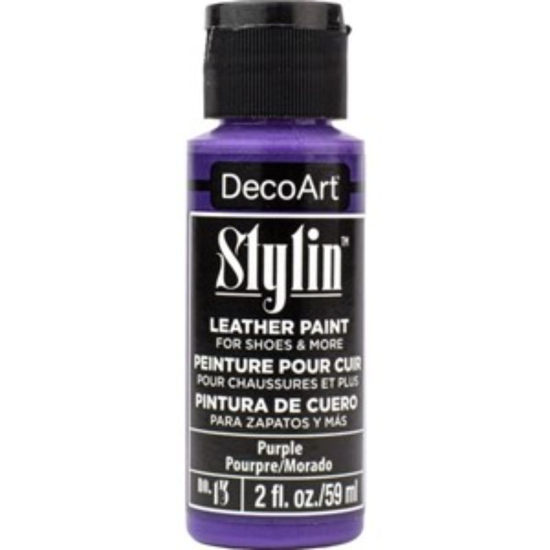 DecoArt Stylin 2oz Purple acrylic paint, perfect for customizing leather and canvas with a vibrant, flexible finish.