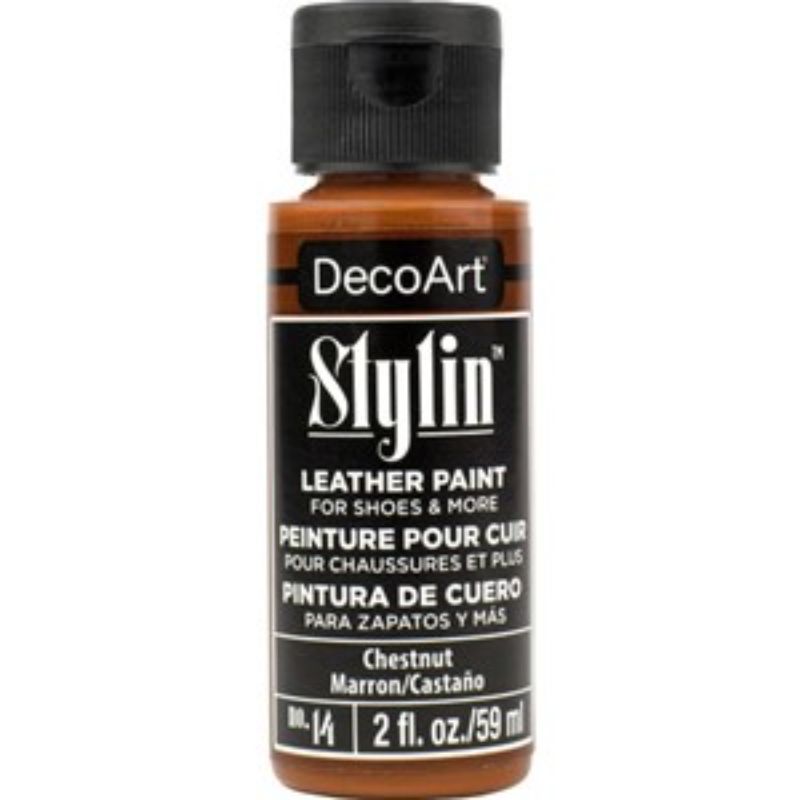 DecoArt Stylin 2oz Chestnut fabric paint, ideal for custom designs on leather, canvas, and synthetic materials.