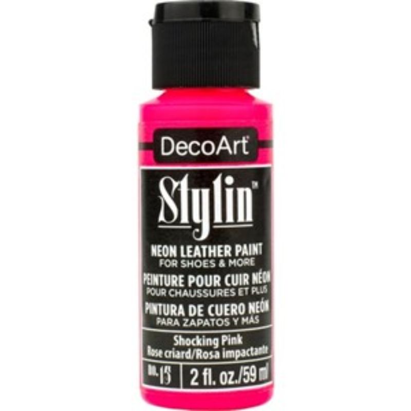 DecoArt Stylin 2oz Shocking Pink acrylic paint for leather and canvas, offering a vibrant, flexible finish without cracking.