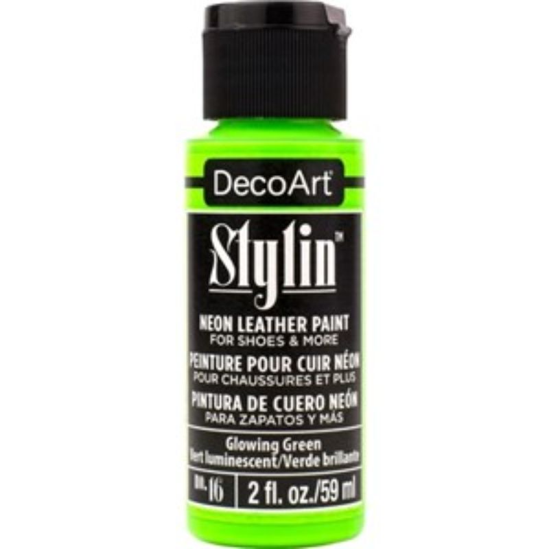 DecoArt Stylin 2oz Glowing Green acrylic paint for creative crafting on leather, canvas, and more.