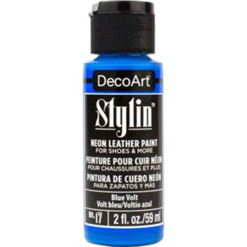 DecoArt Stylin 2oz Blue Volt fabric paint in vibrant blue, perfect for customizing leather, canvas, and various surfaces.