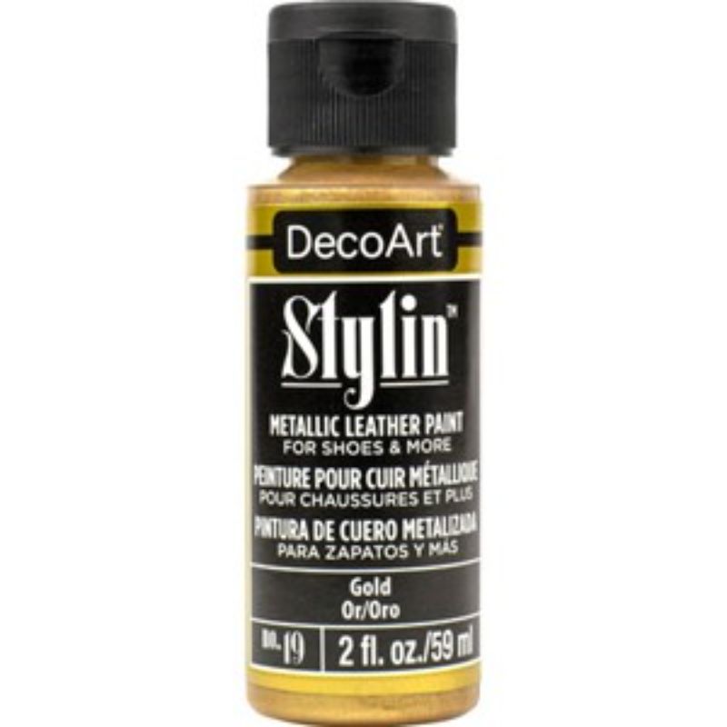 DecoArt Stylin 2oz Gold multi-surface acrylic paint for leather, canvas, offers vibrant, durable color and a flexible finish.