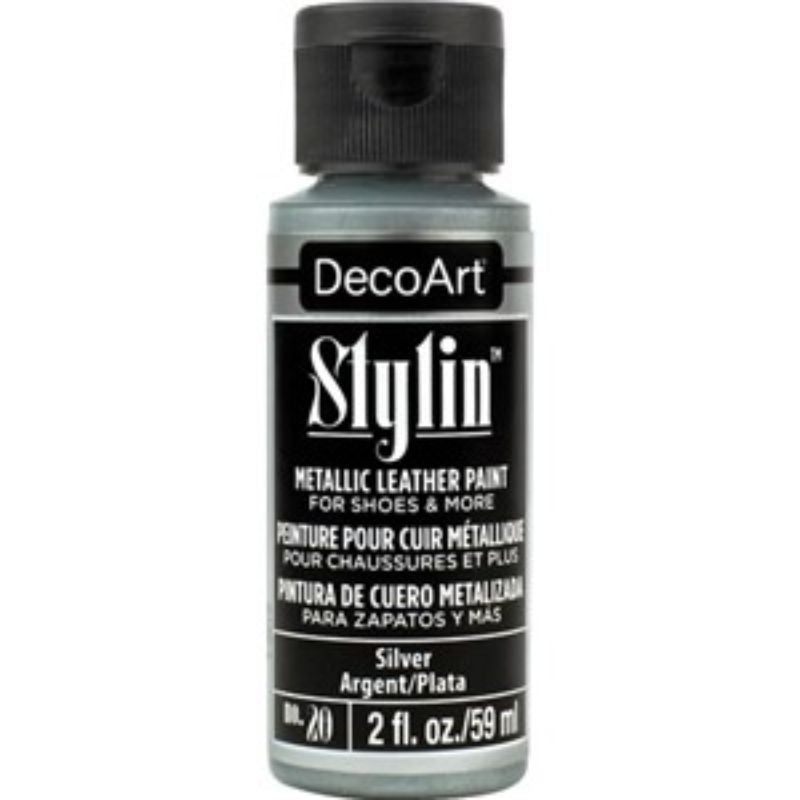 DecoArt Stylin 2oz Silver acrylic paint in a bottle, perfect for fabric and leather projects with a durable finish.
