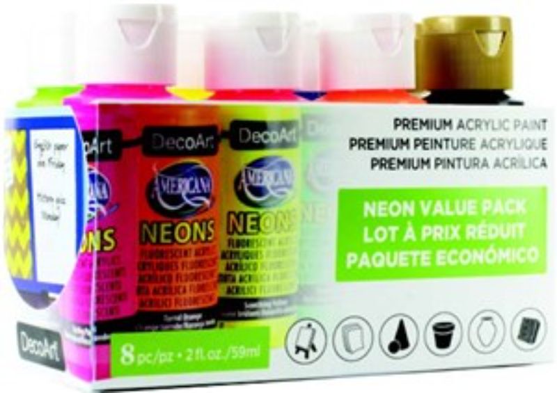 Decoart 8-Pack Americana Neons: vibrant acrylic paints in eight striking colors for glowing DIY projects