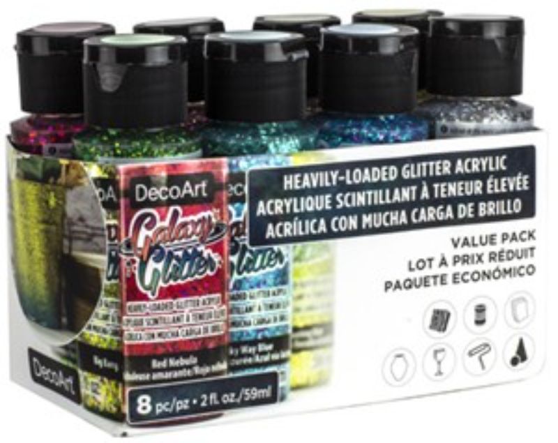 Decoart 8-Pack Galaxy Glitter featuring vibrant colors and sizes for dazzling DIY projects and safe crafting fun.