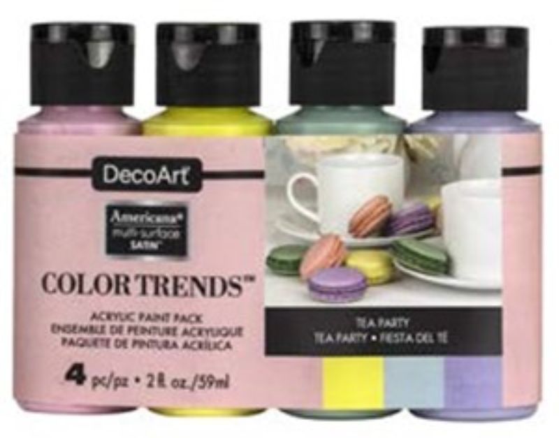 Decoart 4-Pack Americana Tea Party paint set featuring pastel colors for creative DIY projects and smooth application.